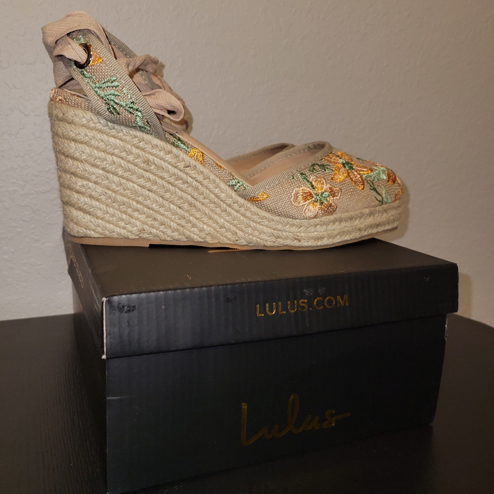 Lulu's Beige Floral Embroidered Espadrilles